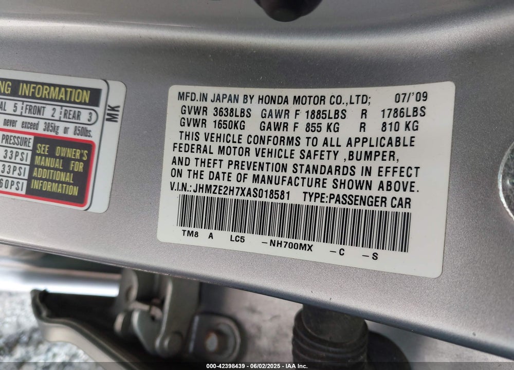 2010 HONDA INSIGHT VIN: JHMZE2H7XAS018581