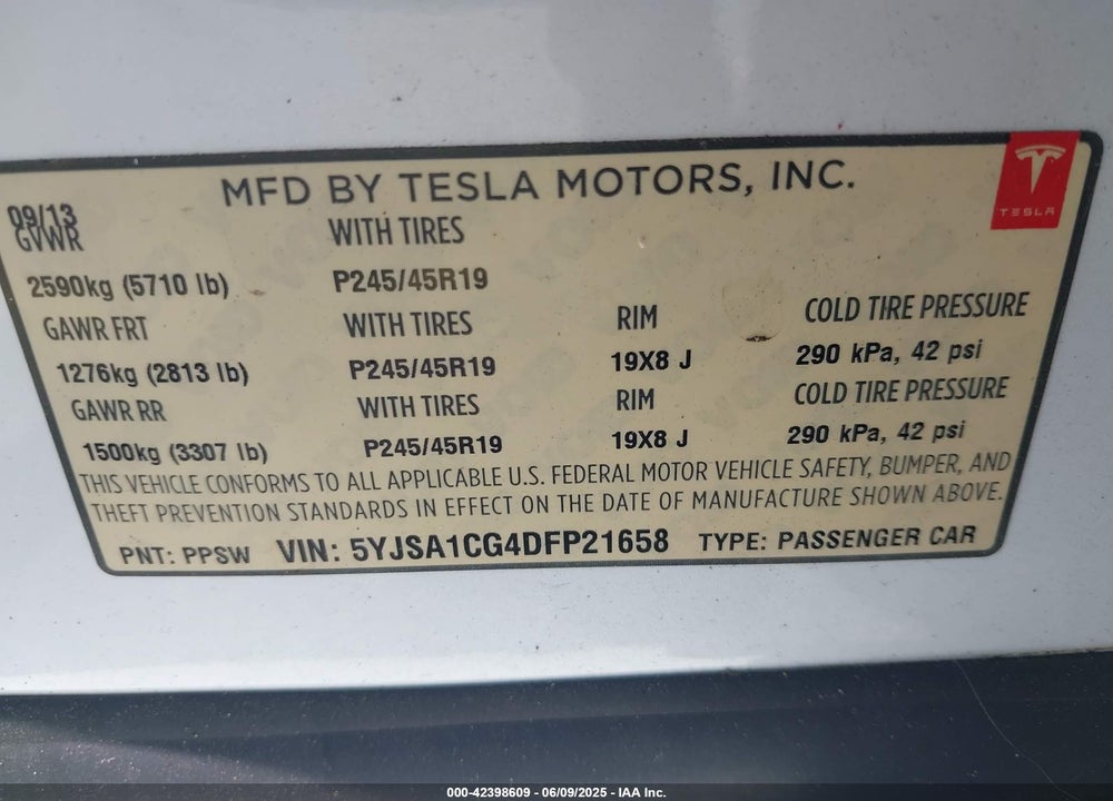 2013 TESLA MODEL S VIN: 5YJSA1CG4DFP21658