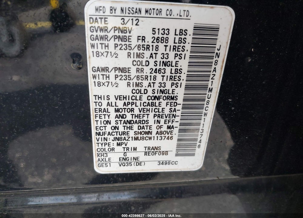 2012 NISSAN MURANO VIN: JN8AZ1MU8CW113746