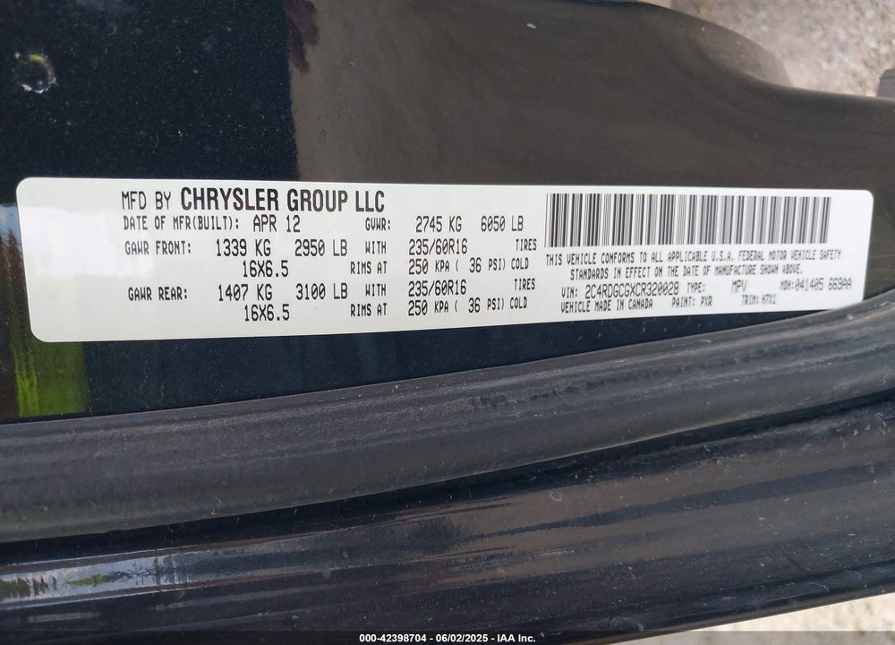 2012 DODGE GRAND CARAVAN VIN: 2C4RDGCGXCR320028