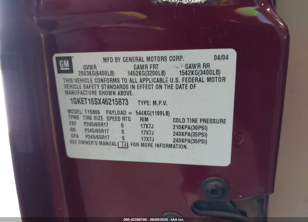 2004 GMC ENVOY XL SLT VIN: 1GKET16SX46215873