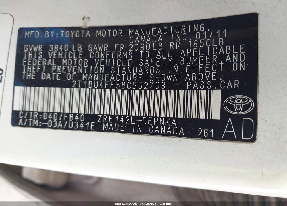 2011 TOYOTA COROLLA LE VIN: 2T1BU4EE5BC552708