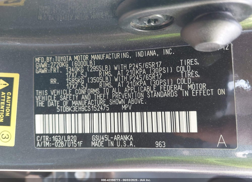 2012 TOYOTA HIGHLANDER VIN: 5TDBK3EH9CS152475