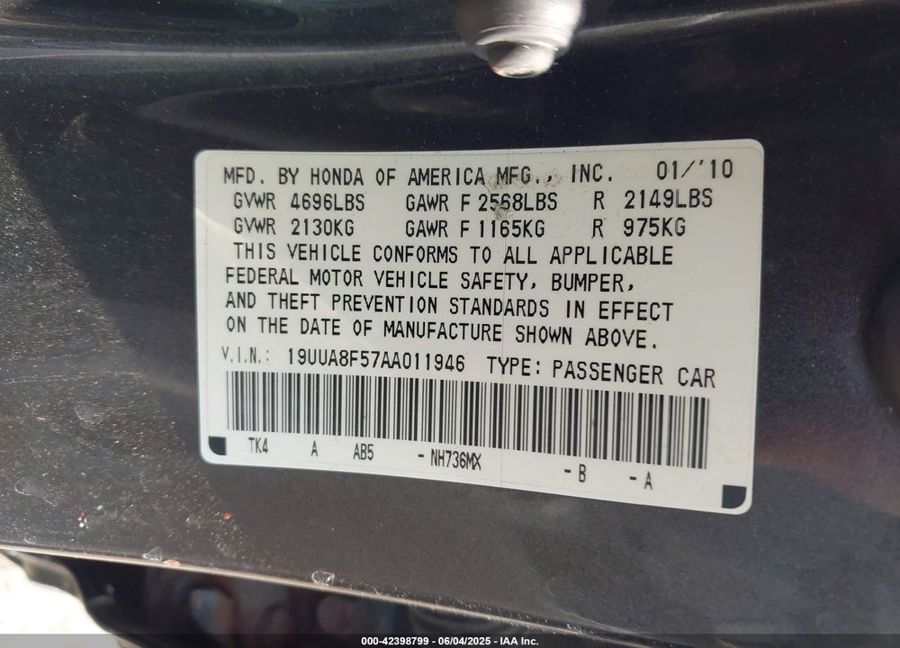 2010 ACURA TL VIN: 19UUA8F57AA011946