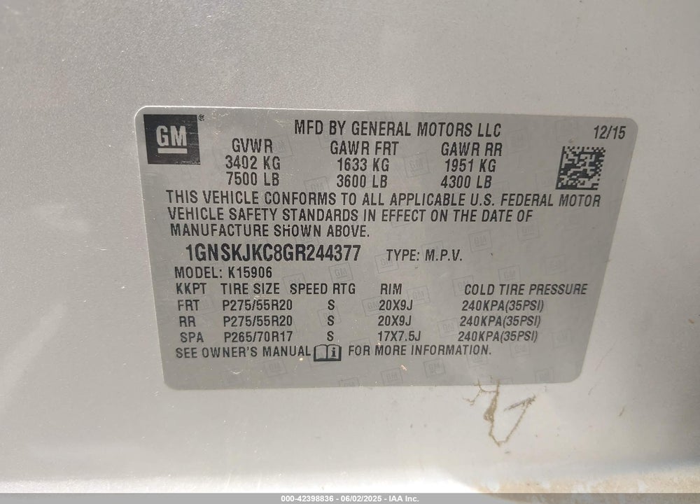 2016 CHEVROLET SUBURBAN VIN: 1GNSKJKC8GR244377