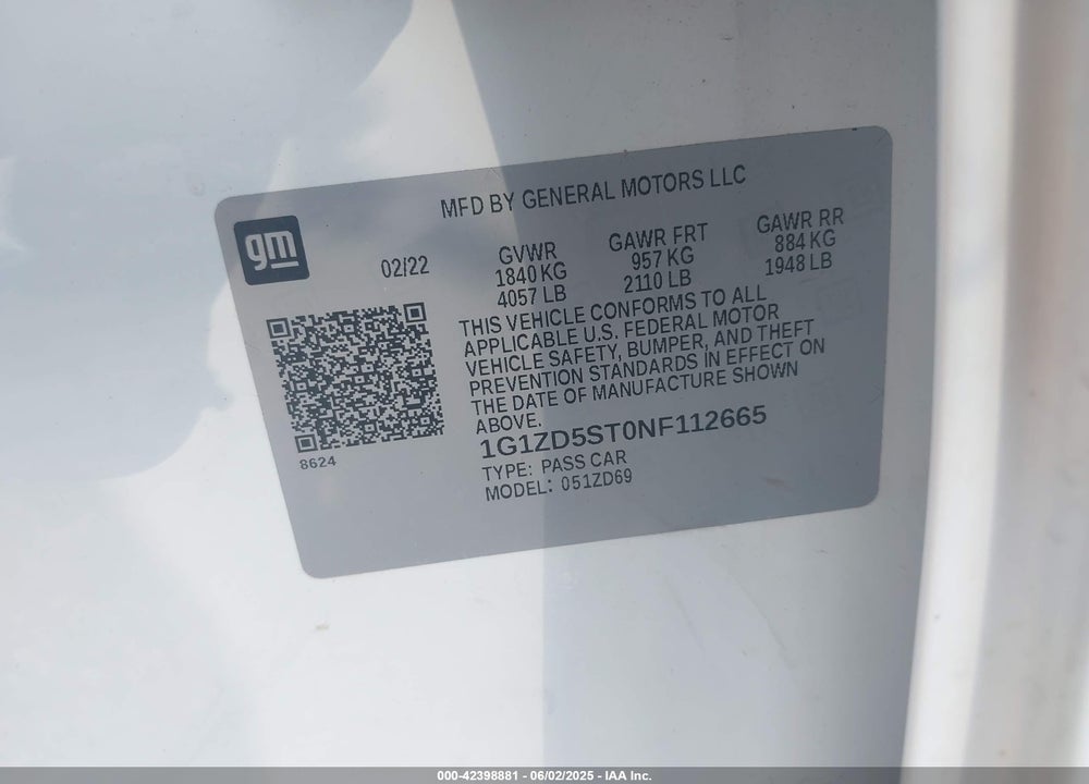 2022 CHEVROLET MALIBU VIN: 1G1ZD5ST0NF112665