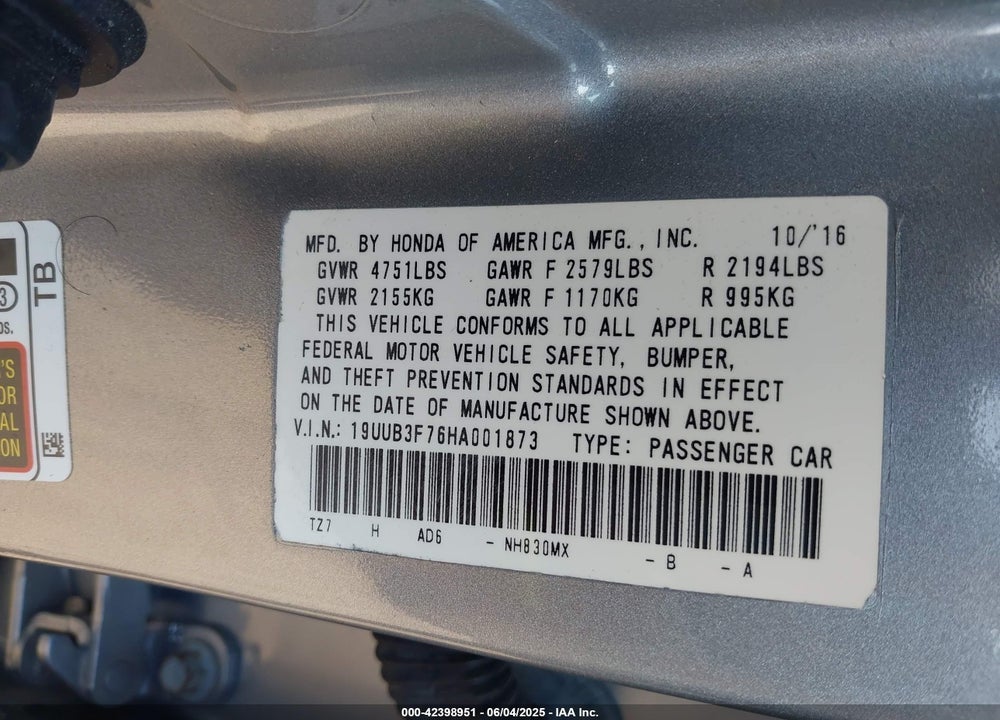 2017 ACURA TLX ADVANCE PACKAGE VIN: 19UUB3F76HA001873