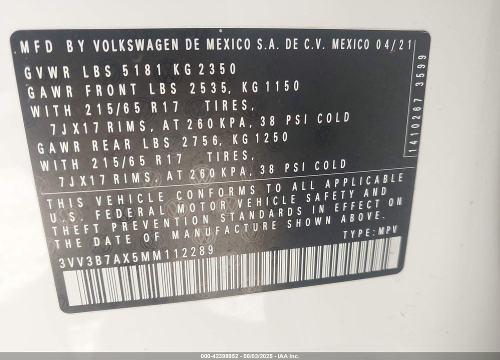 2021 VOLKSWAGEN TIGUAN VIN: 3VV3B7AX5MM112289