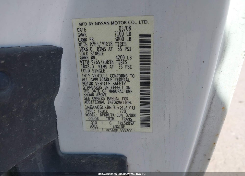 2008 NISSAN TITAN XE/SE/LE/PRO-4X VIN: 1N6AA06CX8N358270