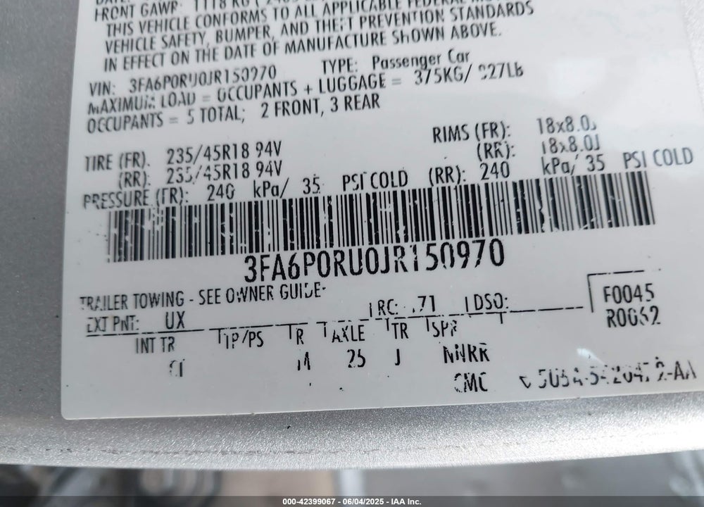 2018 FORD FUSION HYBRID VIN: 3FA6P0RU0JR150970