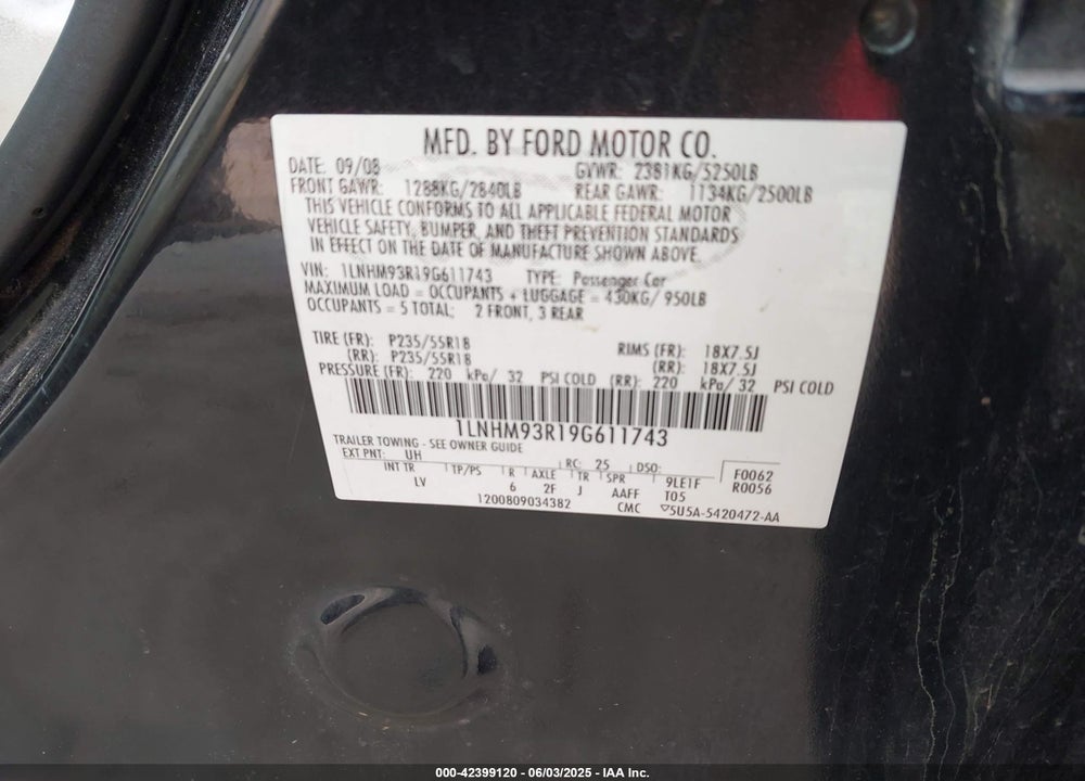 2009 LINCOLN MKS VIN: 1LNHM93R19G611743
