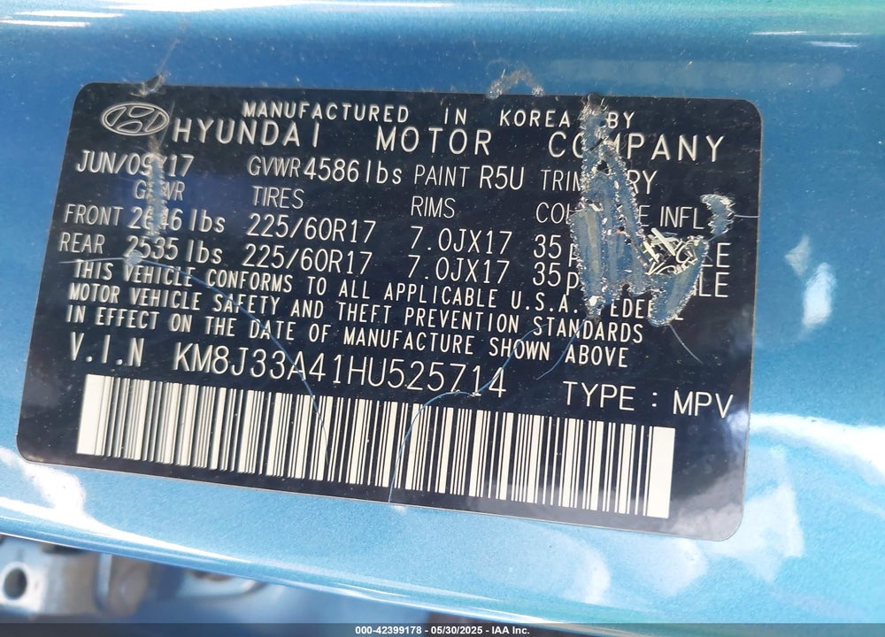 2017 HYUNDAI TUCSON SE PLUS VIN: KM8J33A41HU525714