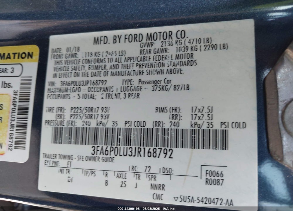 2018 FORD FUSION HYBRID SE VIN: 3FA6P0LU3JR168792
