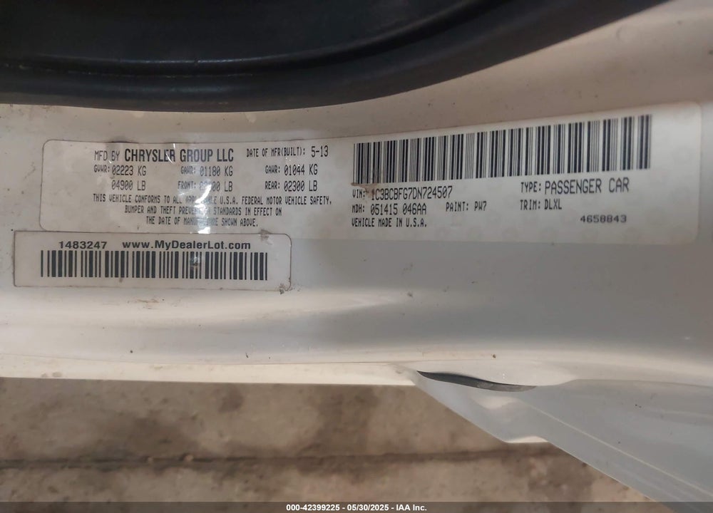 2013 CHRYSLER 200 VIN: 1C3BCBFG7DN724507