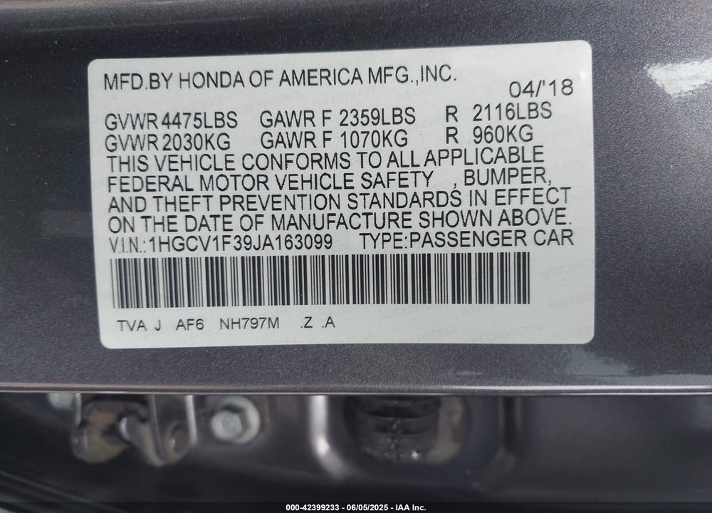 2018 HONDA ACCORD VIN: 1HGCV1F39JA163099