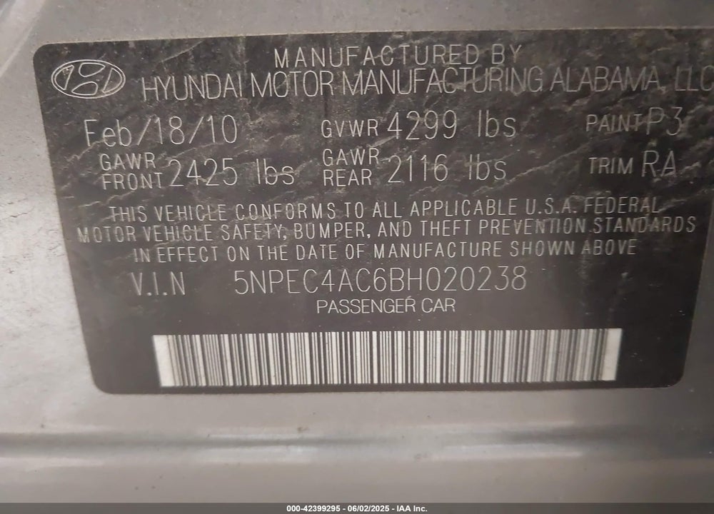 2011 HYUNDAI SONATA SE VIN: 5NPEC4AC6BH020238