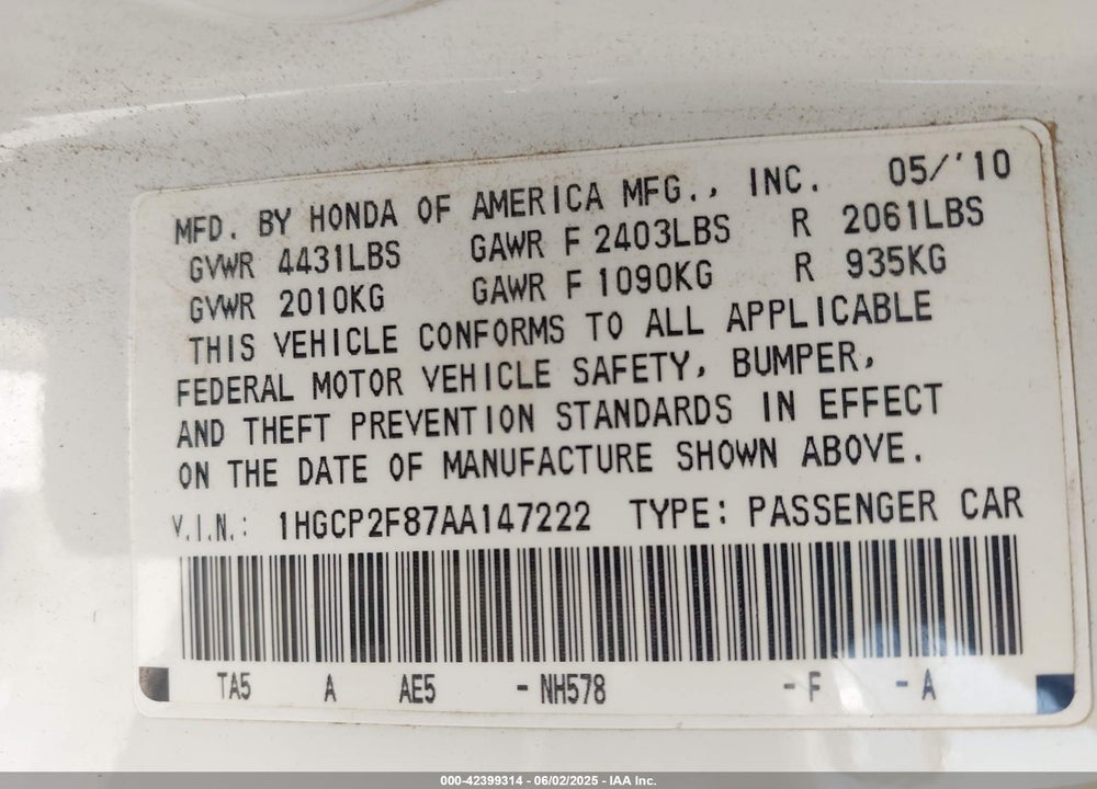 2010 HONDA ACCORD VIN: 1HGCP2F87AA147222