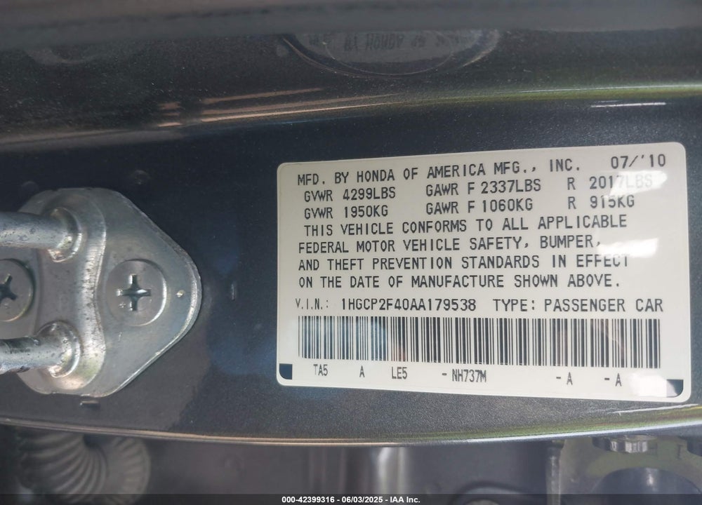 2010 HONDA ACCORD VIN: 1HGCP2F40AA179538
