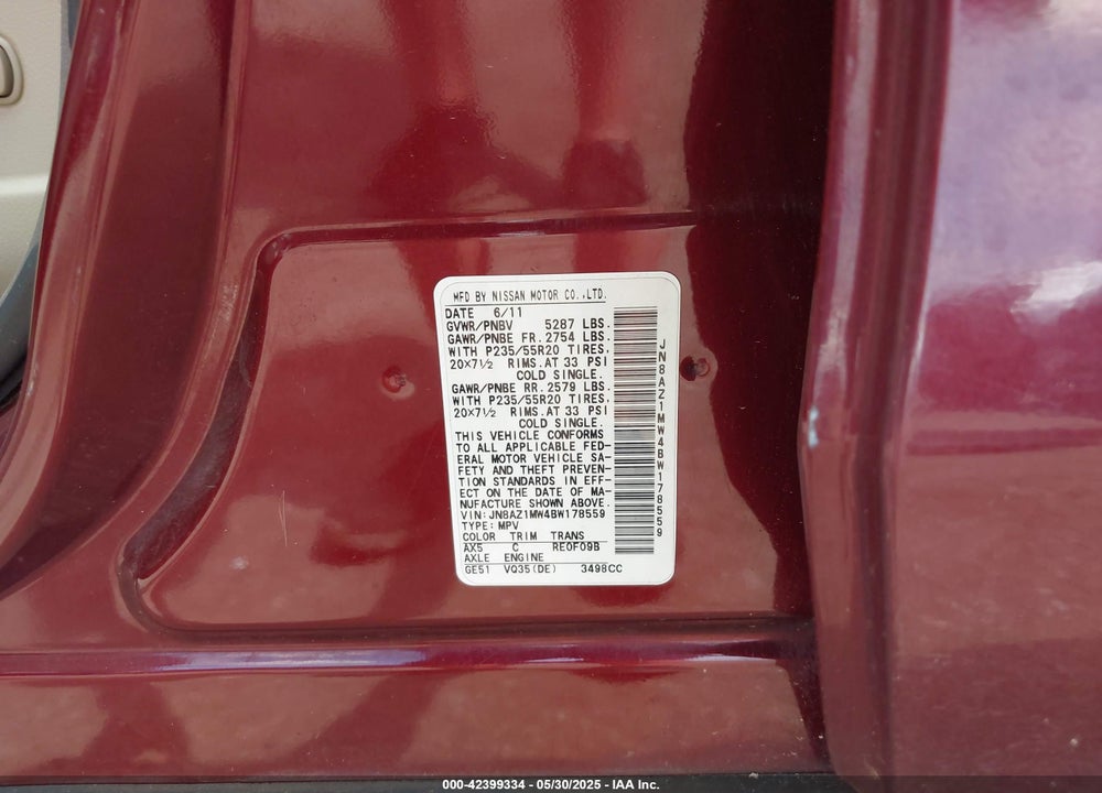 2011 NISSAN MURANO LE VIN: JN8AZ1MW4BW178559