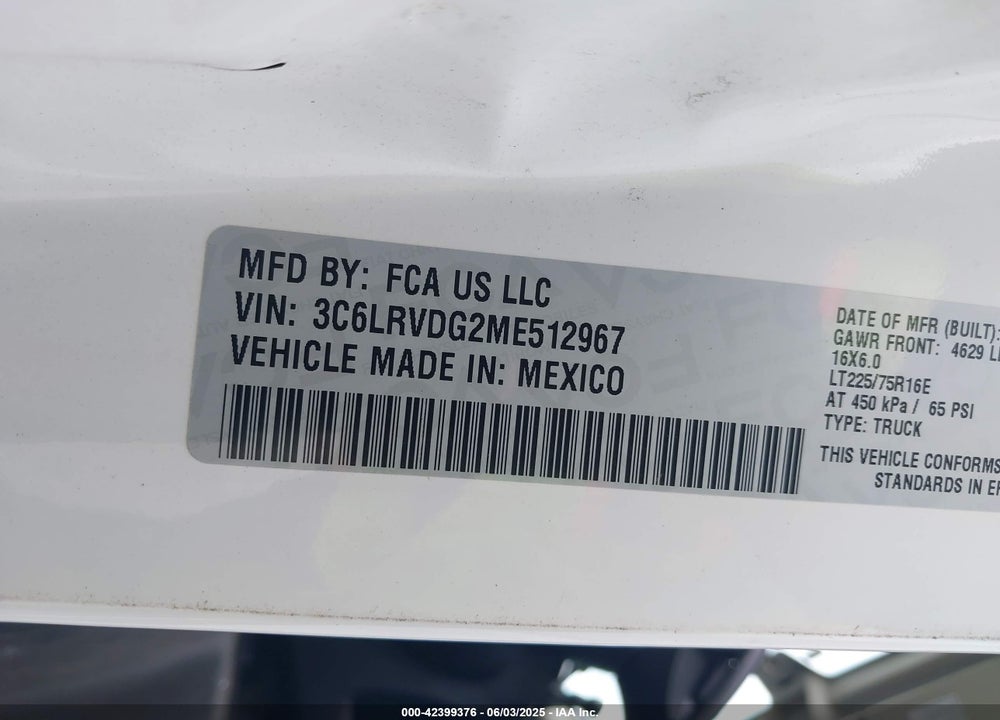 2019 RAM PROMASTER 2500 HIGH ROOF 159 WB VIN: 3C6TRVDG8KE547249
