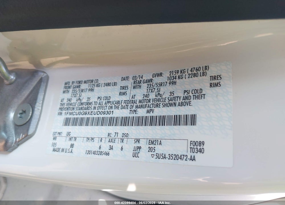 2014 FORD ESCAPE SE VIN: 1FMCU0G9XEUD09301