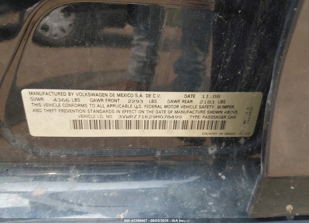 2009 VOLKSWAGEN JETTA VIN: 3VWRZ71K29M078499