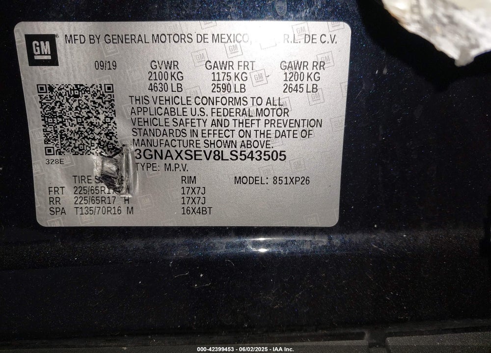 2020 CHEVROLET EQUINOX VIN: 3GNAXSEV8LS543505