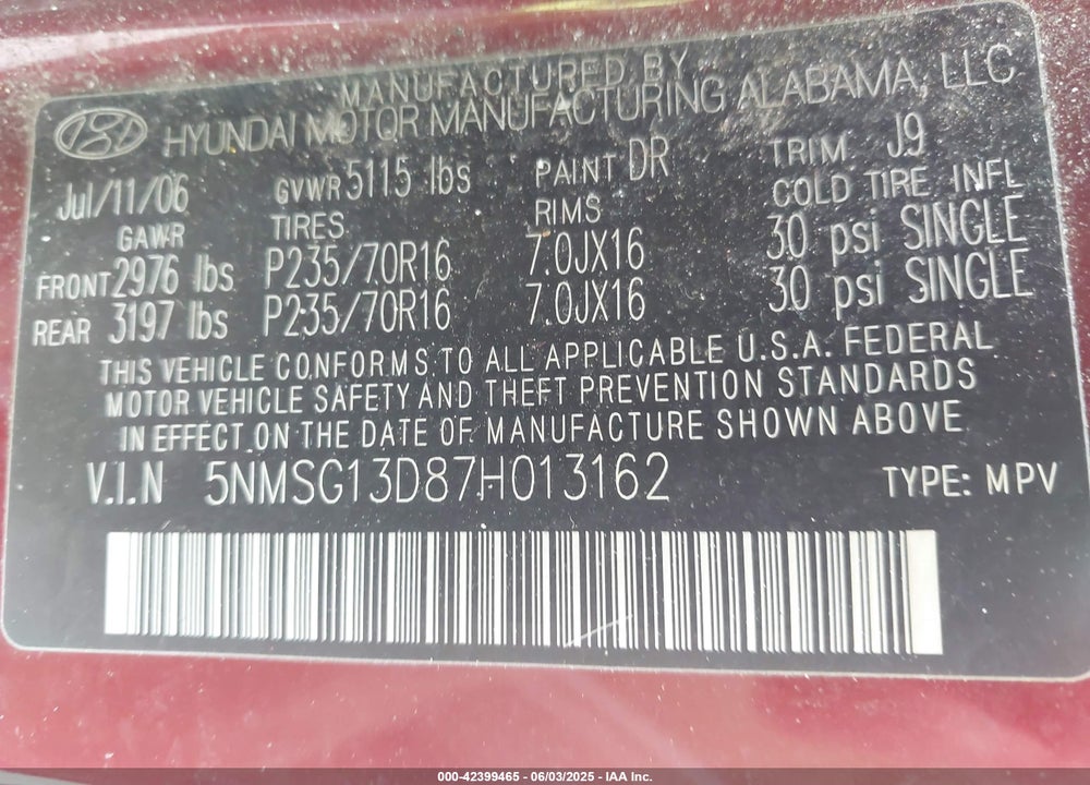 2007 HYUNDAI SANTA FE VIN: 5NMSG13D87H013162