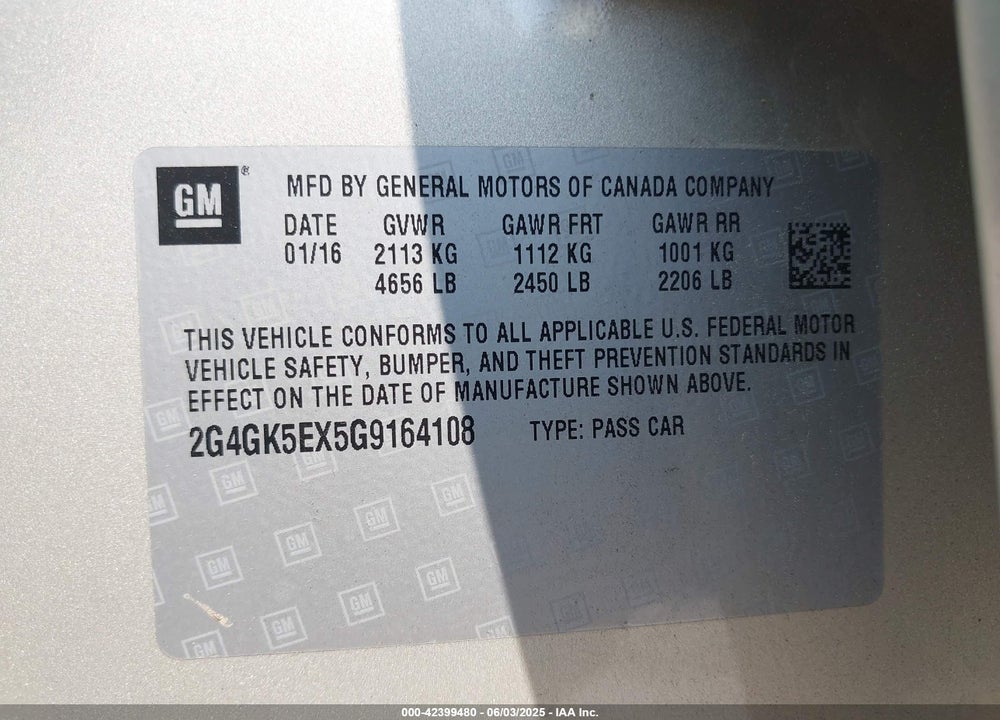 2016 BUICK REGAL VIN: 2G4GK5EX5G9164108