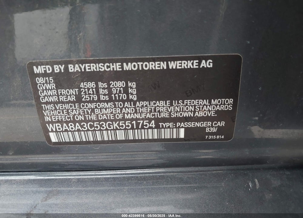 2016 BMW 320I XDRIVE VIN: WBA8A3C53GK551754