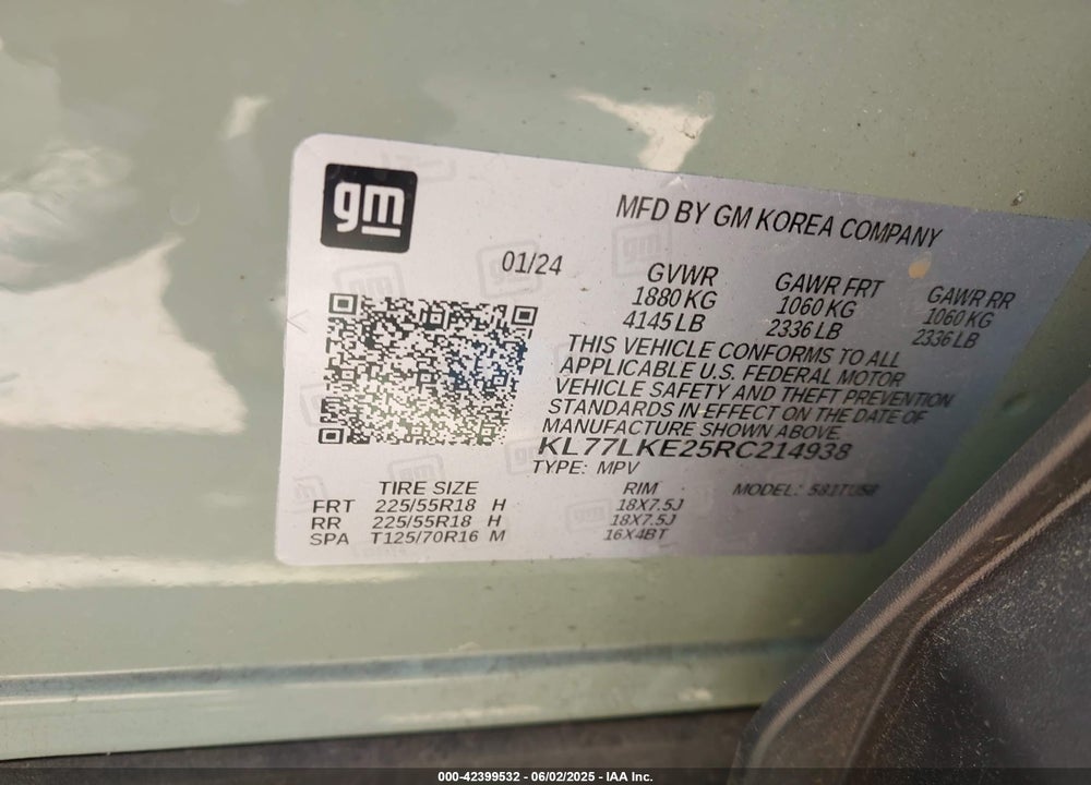 2024 CHEVROLET TRAX VIN: KL77LKE25RC214938