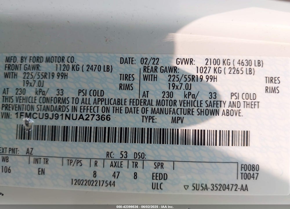 2022 FORD ESCAPE VIN: 1FMCU9J91NUA27366