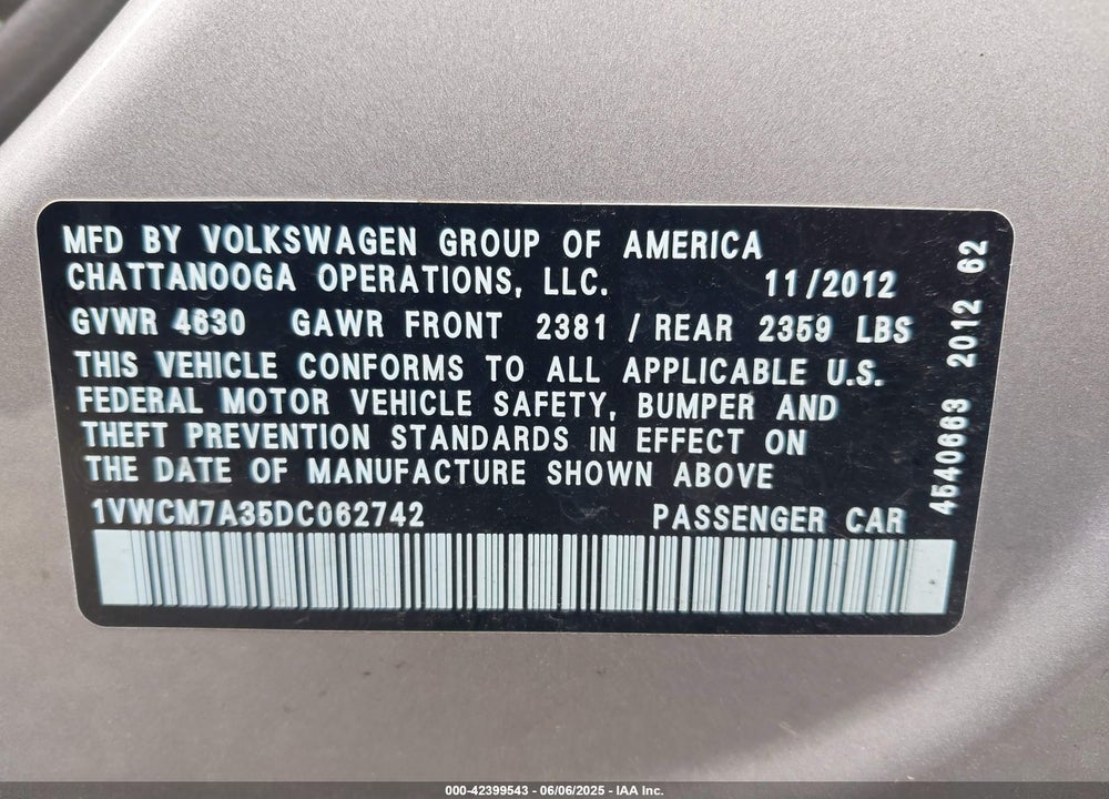 2013 VOLKSWAGEN PASSAT VIN: 1VWCM7A35DC062742