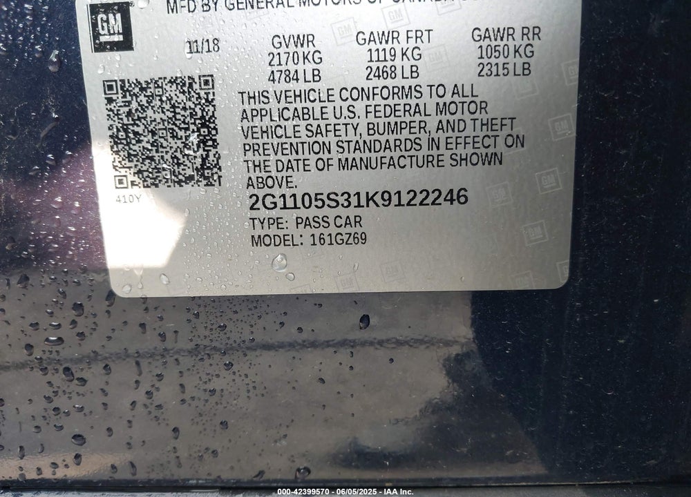 2019 CHEVROLET IMPALA VIN: 2G1105S31K9122246