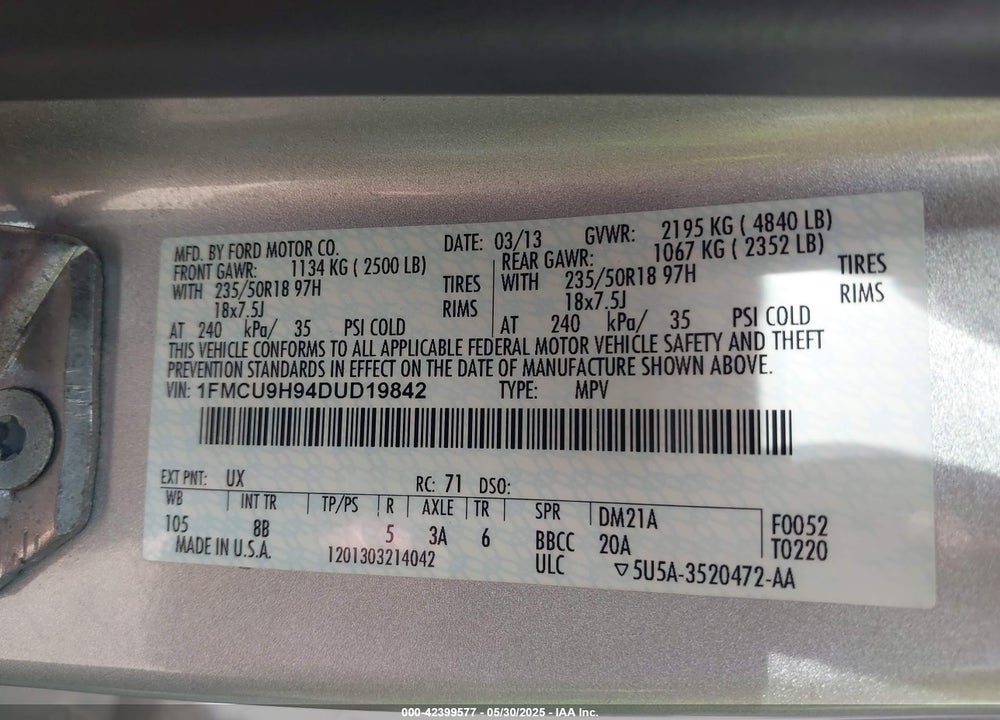 2013 FORD ESCAPE VIN: 1FMCU9H94DUD19842