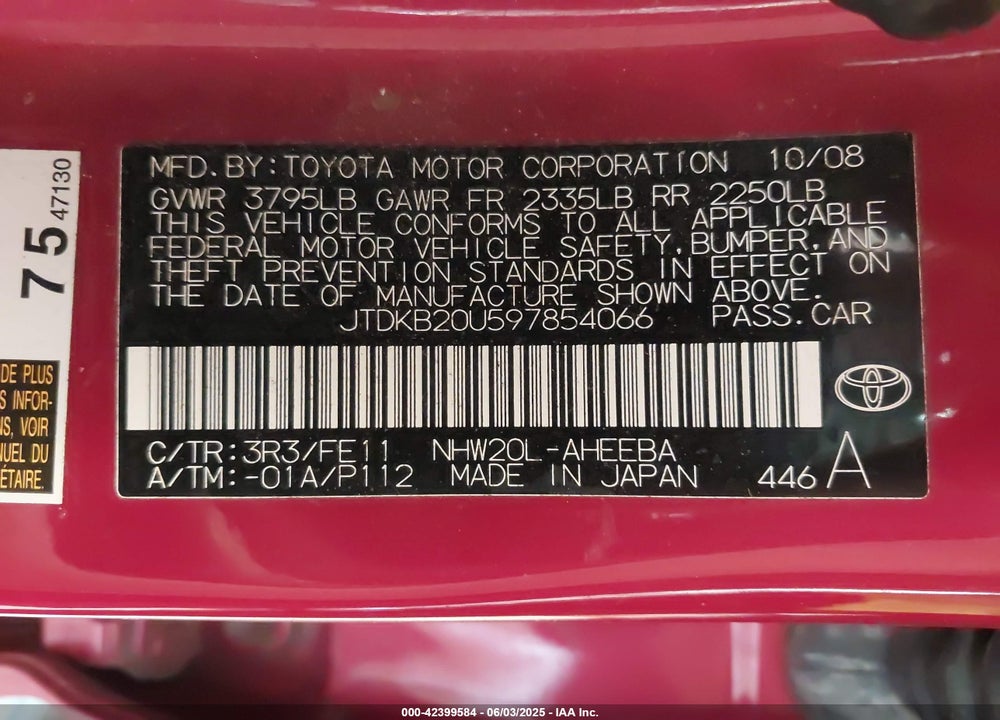 2009 TOYOTA PRIUS VIN: JTDKB20U597854066