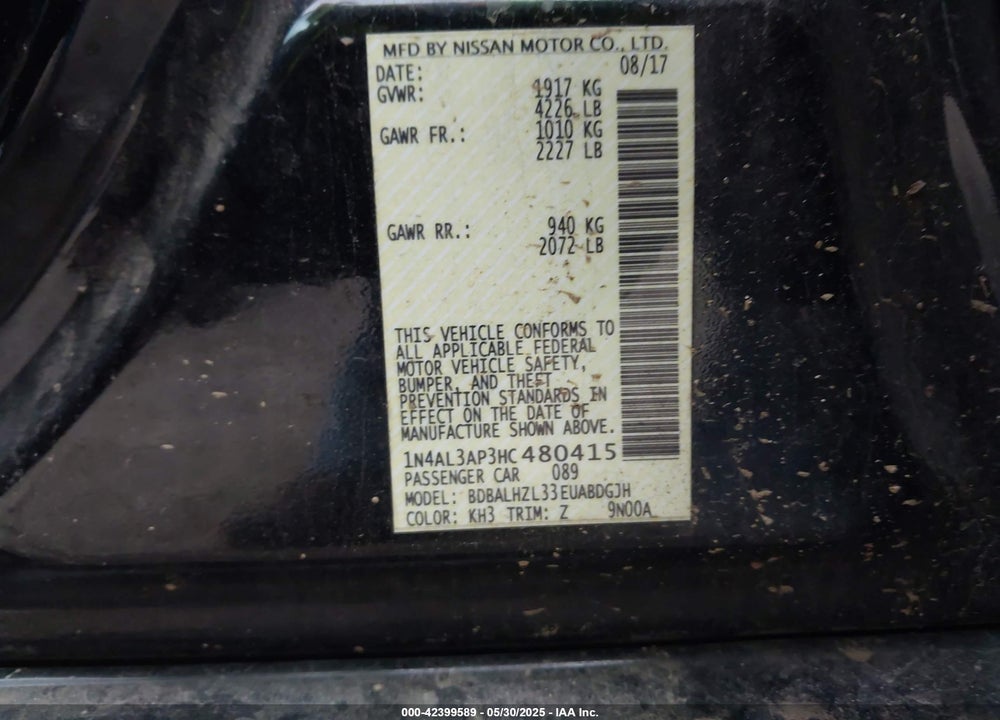 2017 NISSAN ALTIMA VIN: 1N4AL3AP3HC480415