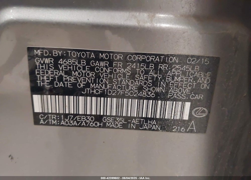 2015 LEXUS IS VIN: JTHCF1D27F5024836