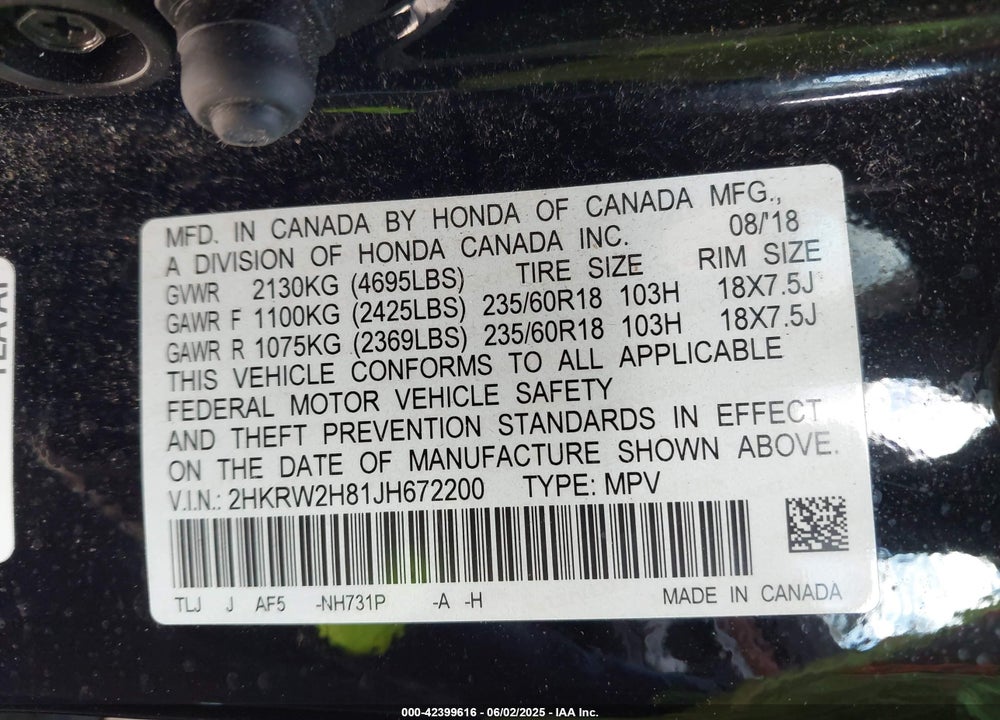 2018 HONDA CR-V VIN: 2HKRW2H81JH672200
