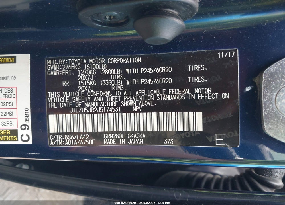 2018 TOYOTA 4RUNNER VIN: JTEZU5JR2J5174531
