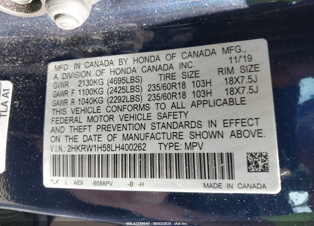 2020 HONDA CR-V VIN: 2HKRW1H58LH400262