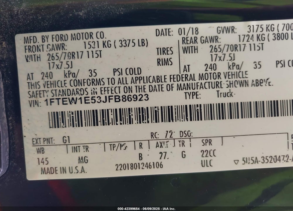 2018 FORD F-150 VIN: 1FTEW1E53JFB86923