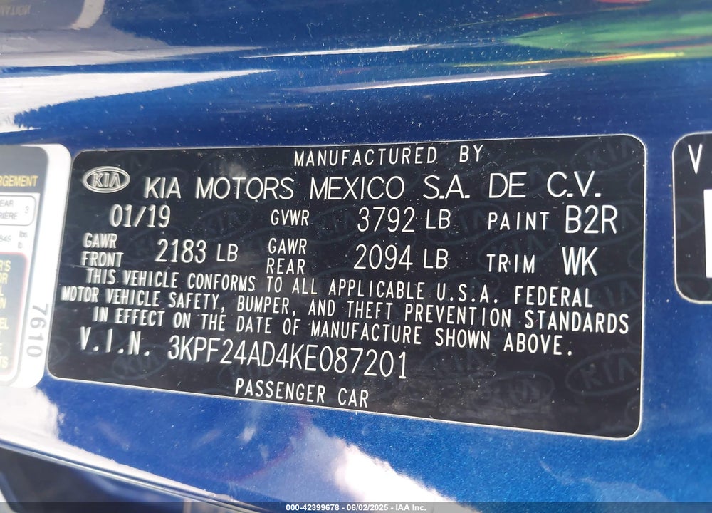 2019 KIA FORTE VIN: 3KPF24AD4KE087201