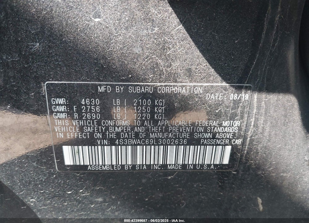 2020 SUBARU LEGACY PREMIUM VIN: 4S3BWAC69L3002636