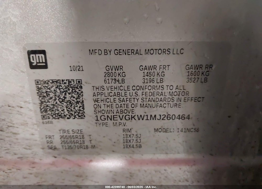2021 CHEVROLET TRAVERSE VIN: 1GNEVGKW1MJ260464