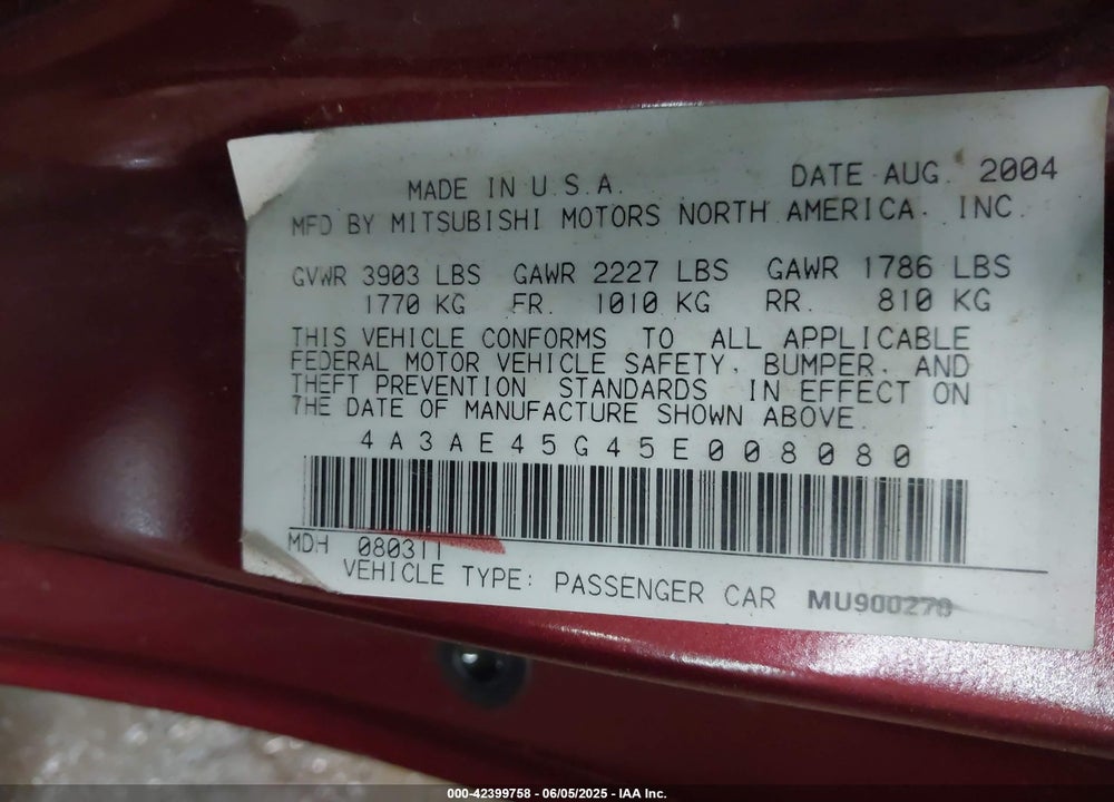 2005 MITSUBISHI ECLIPSE SPYDER GS VIN: 4A3AE45G45E008080