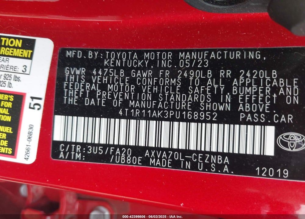 2023 TOYOTA CAMRY VIN: 4T1R11AK3PU168952