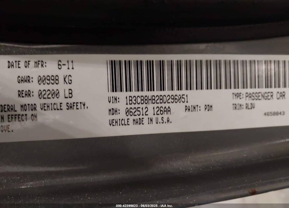 2011 DODGE CALIBER RUSH VIN: 1B3CB8HB2BD296051