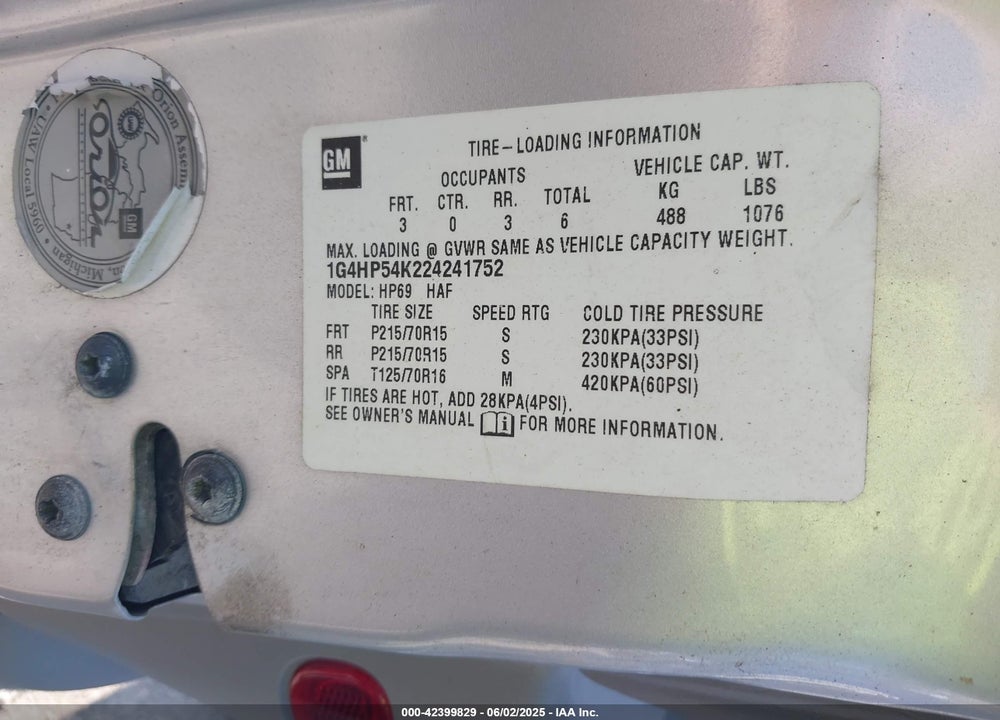 2002 BUICK LESABRE CUSTOM VIN: 1G4HP54K224241752