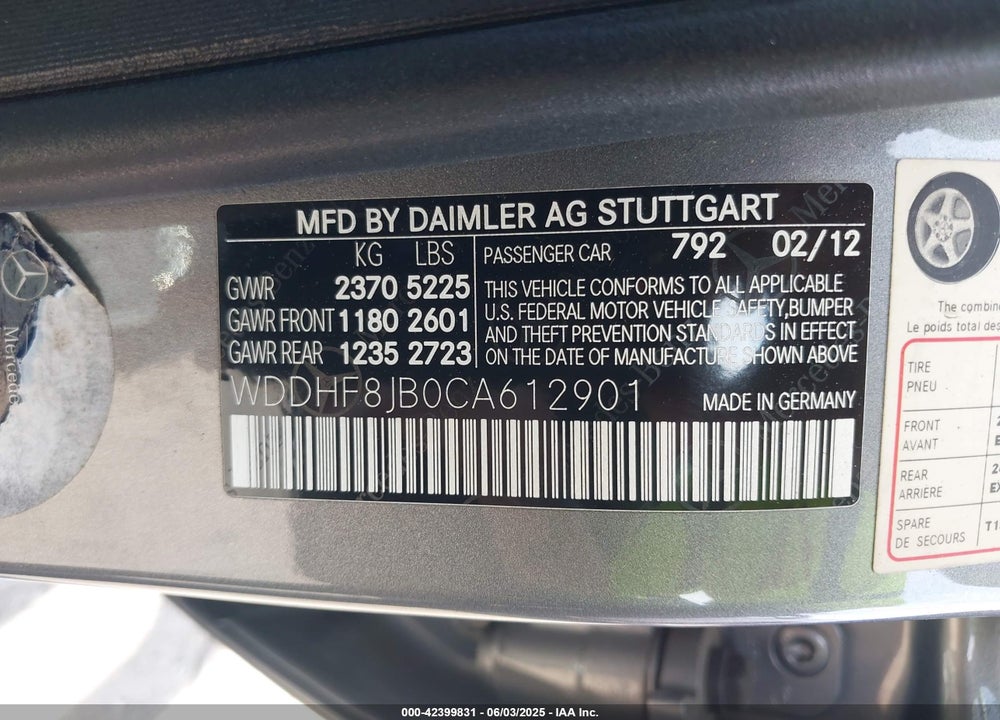 2012 MERCEDES-BENZ E 350 VIN: WDDHF8JB0CA612901